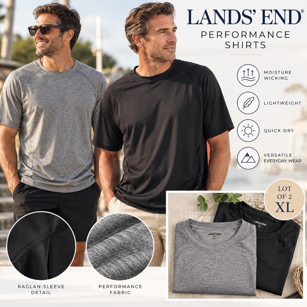 Lands' End XL Active Performance Shirts Lot of 2 Black Gray Athletic Tops